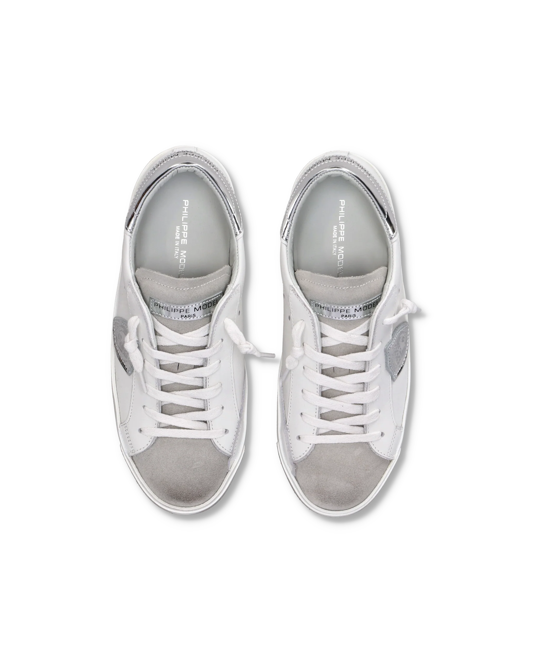 Women's Prsx Low-Top Sneakers in Leather with metallic touches, Silver White - Image 4