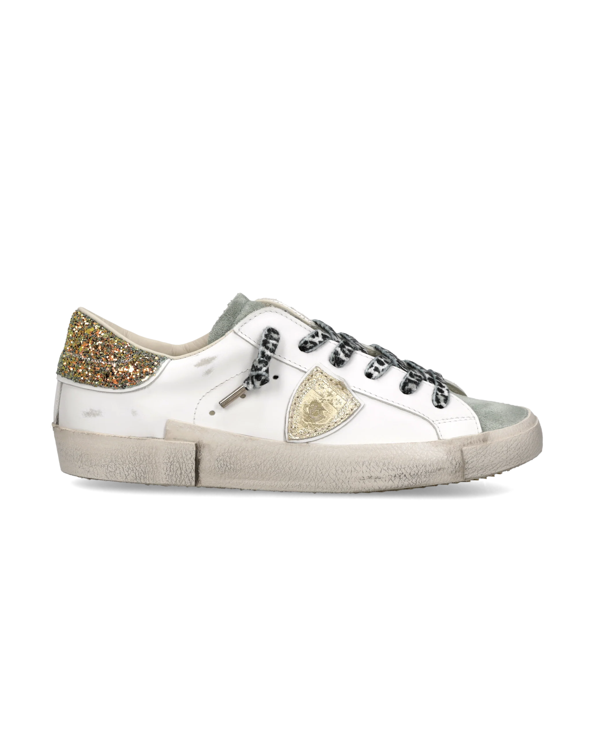 Sneakers Prsx Women with Glitter heel tab, White Light Blue Gold